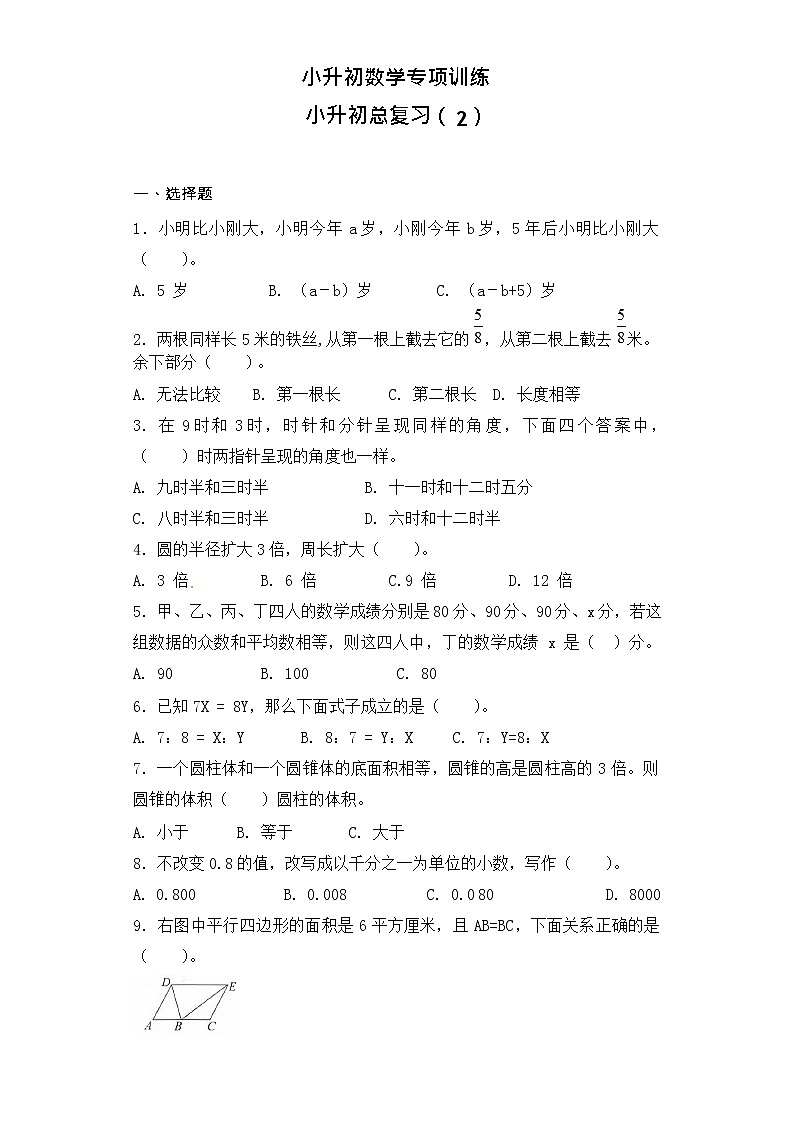 【含详细解析】小升初数学知识专项训练-总复习（2）01