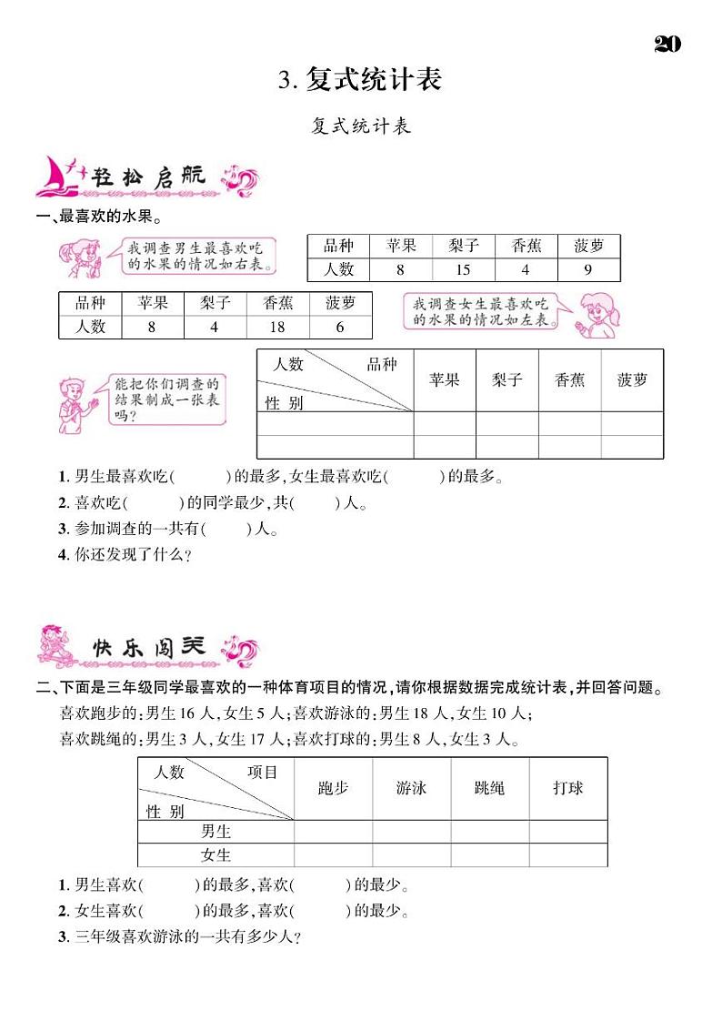 2021春人教版三年级下册数学试题 第3单元 复式统计表 同步练习01