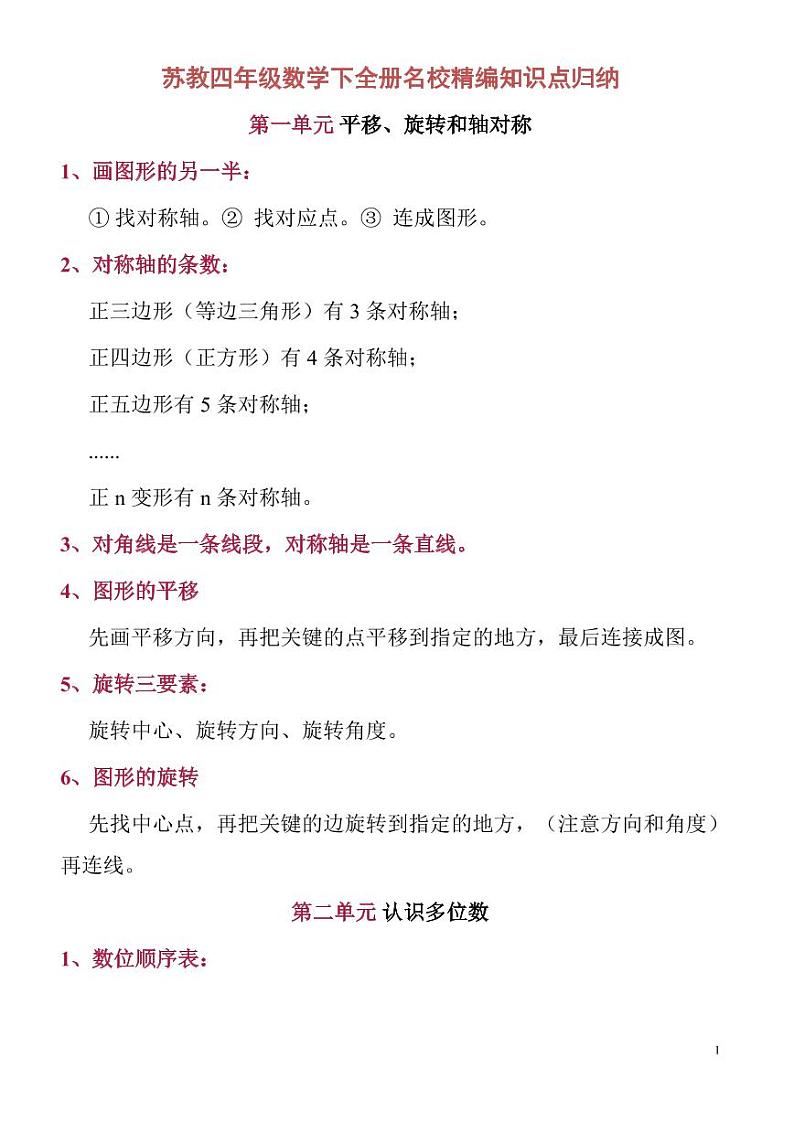 苏教四年级数学下全册名校精编知识点归纳01