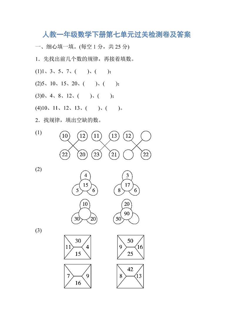 人教版一年级数学下册第七单元过关检测卷及答案第1页