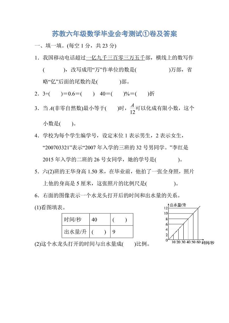 苏教六年级数学毕业会考测试①卷及答案第1页