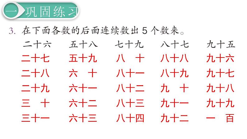 义务教育人教版一年级数学下册第4单元  100以内数的认识第4课时  练习课第4页