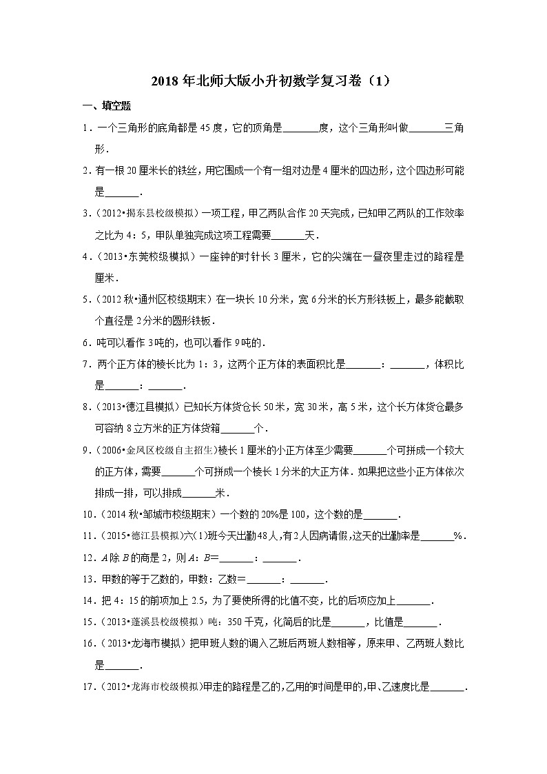 2018年北师大版小升初数学复习卷（1）01