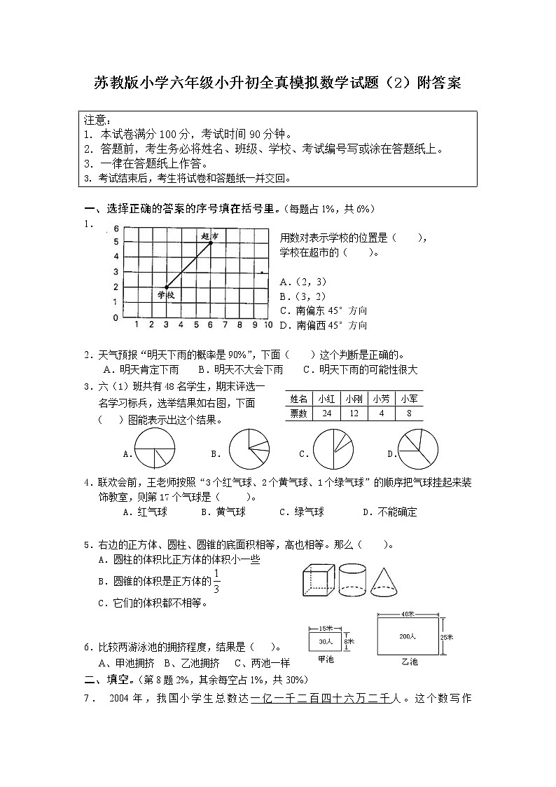 苏教版小学六年级小升初全真模拟数学试题（2）附答案01