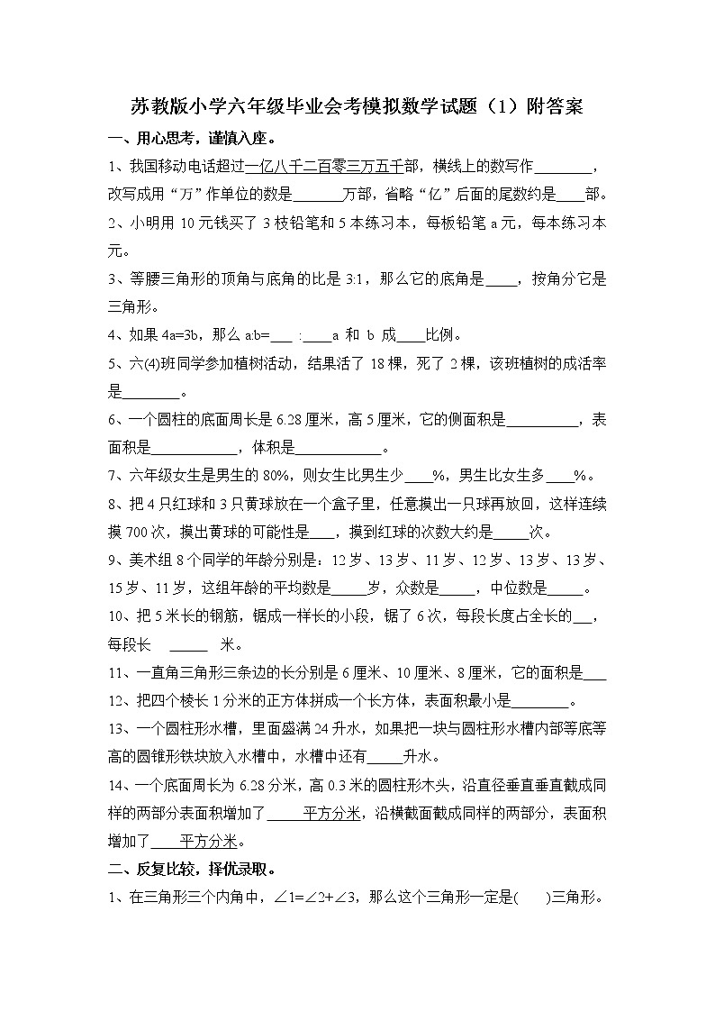 苏教版小学六年级毕业会考模拟数学试题（1）附答案01