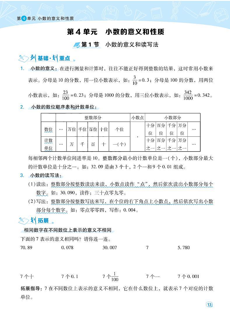 四年级下册数学试卷 第4单元小数的意义和性质课时练（PDF无答案）人教版01