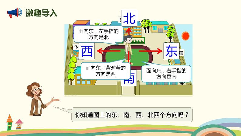 人教版小学数学三年级下册 1.2《认识平面图上的东、南、西、北》PPT课件02