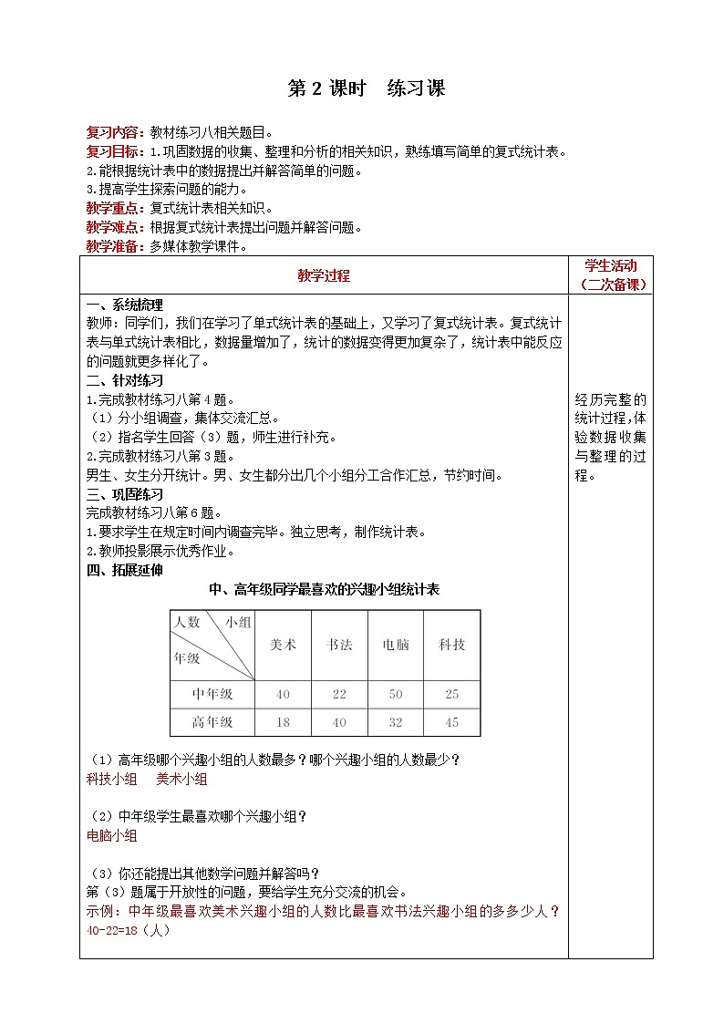 2021人教版数学三年级下册 第3单元 第2课时 练习课 精品教案第1页