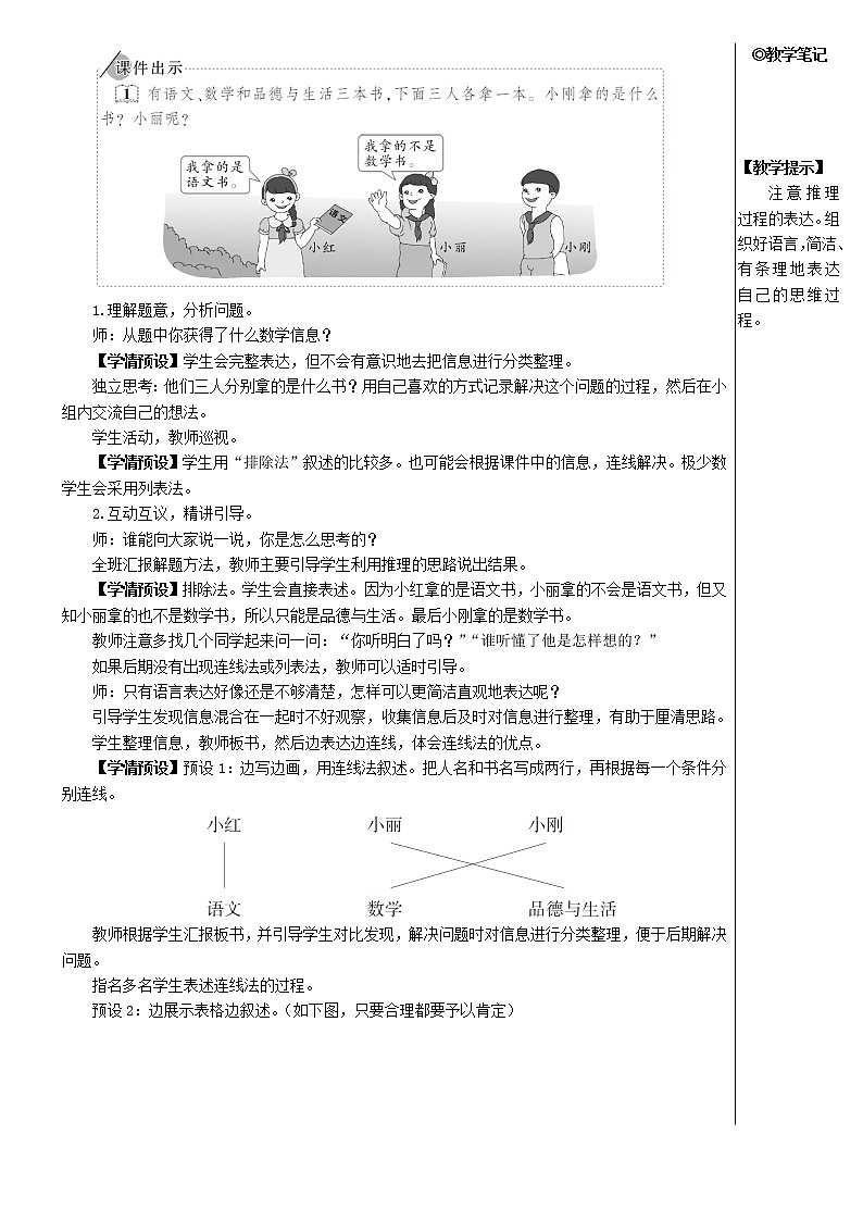 【精品】人教版 二年级数学下册9数学广角__推理第1课时推理1教案03