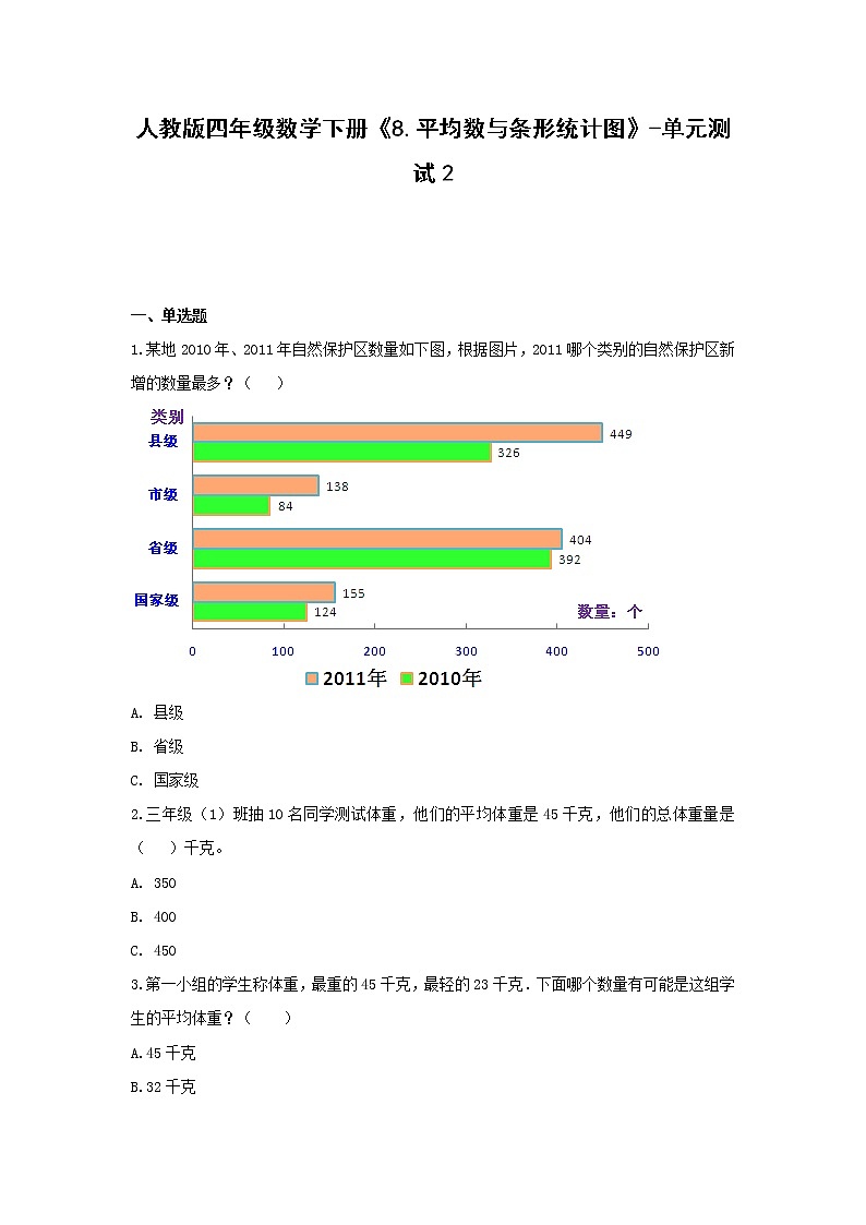 四年级数学下册《8.平均数与条形统计图》-单元测试2   无答案  人教版第1页