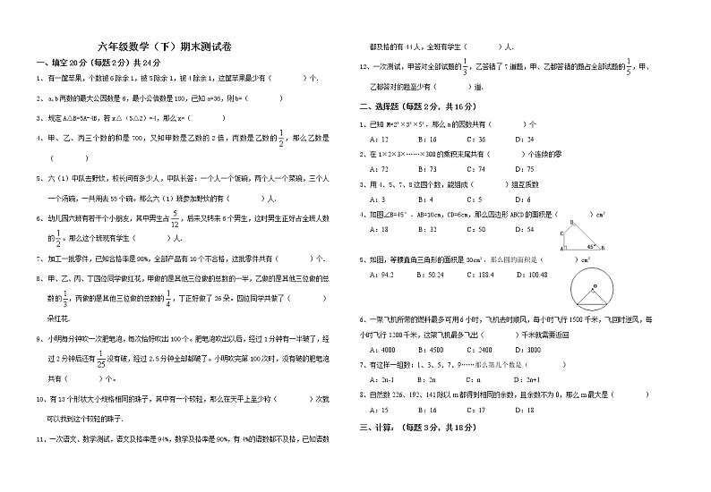 六年级数学（下）期末测试卷01