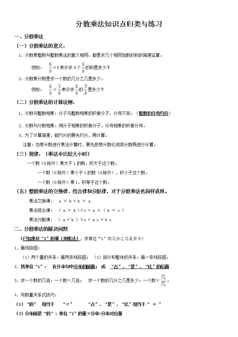 小学五年级数学分数乘法知识点归类整理及练习第1页