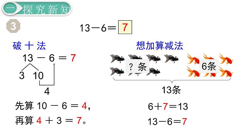 义务教育人教版一年级数学下册第2单元  20以内的退位减法第4课时  十几减7、6第5页