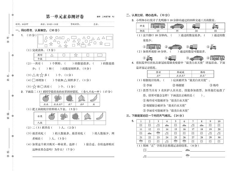 二年级数学下册素养测试卷：单元卷+期中卷+期末卷+答案PDF(人教版)第1页