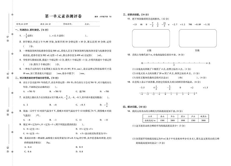 六年级数学下册素养测试卷：单元卷+期中卷+期末卷+答案PDF(人教版)第1页