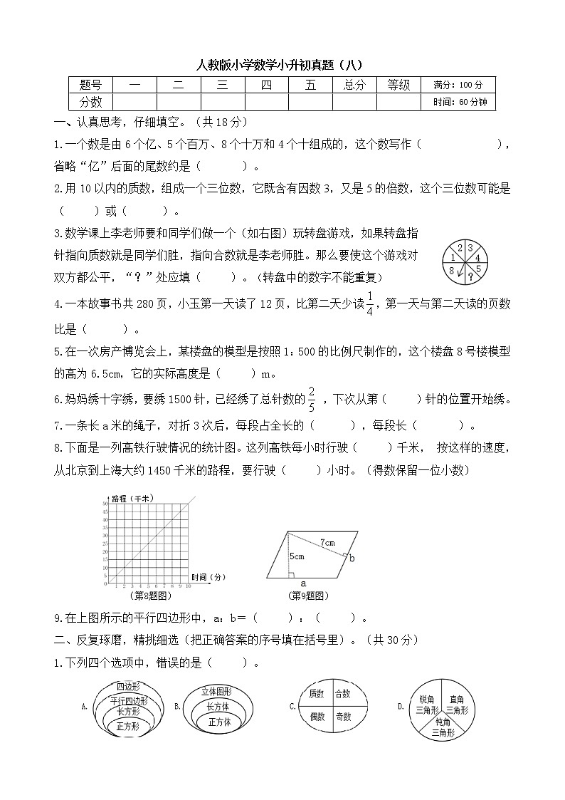 人教版小学数学小升初真题含答案（八）第1页
