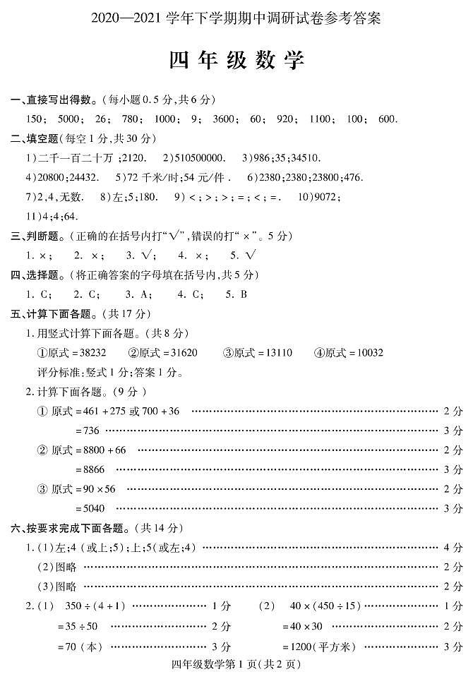 河南省平顶山市舞钢市数学四年级2020-2021学年下学期期中调研试题（人教版，扫描版，含答案）01