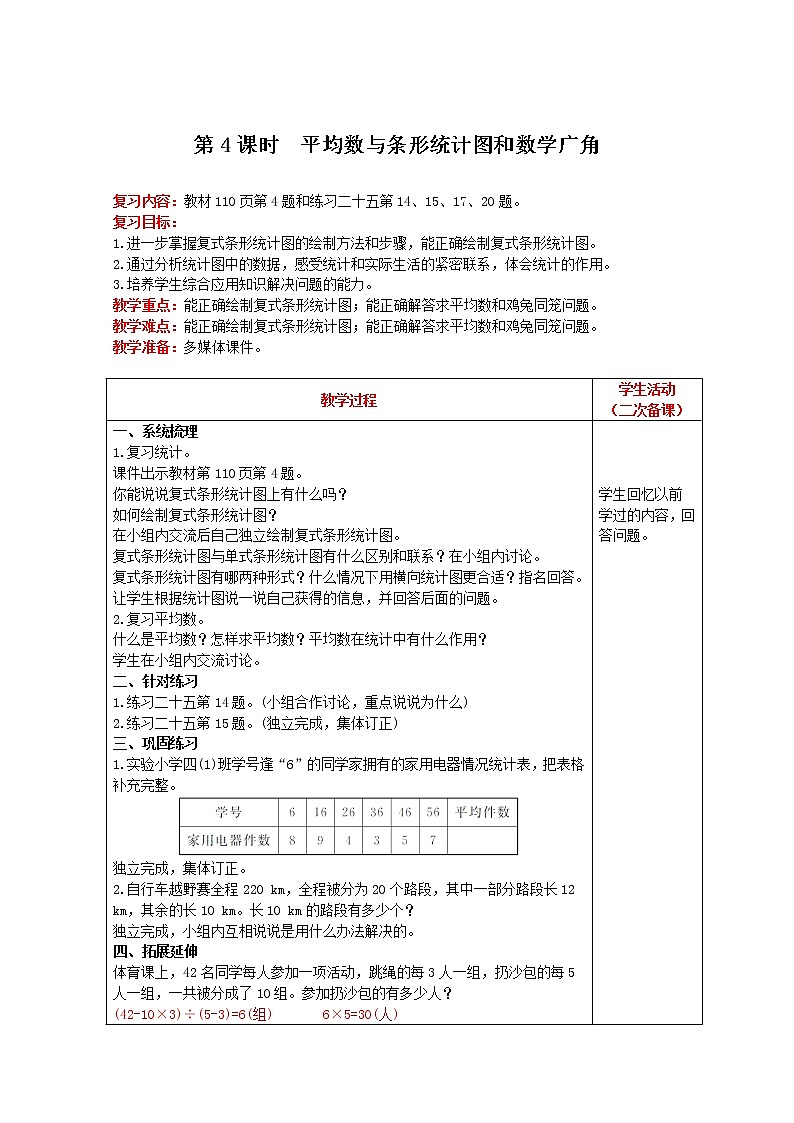 2021人教版数学四年级下册 第10单元 第4课时 平均数与条形统计图和数学广角 精品教案01