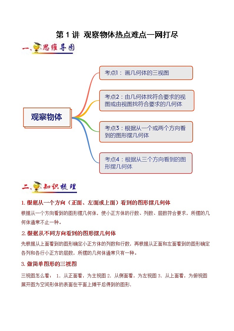 第1讲 观察物体(教师版）（知识梳理+典例分析+举一反三+阶梯训练）人教新课标版第1页