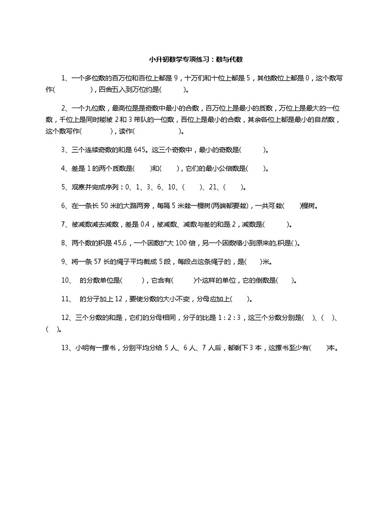 小升初数学专项练习 数与代数01