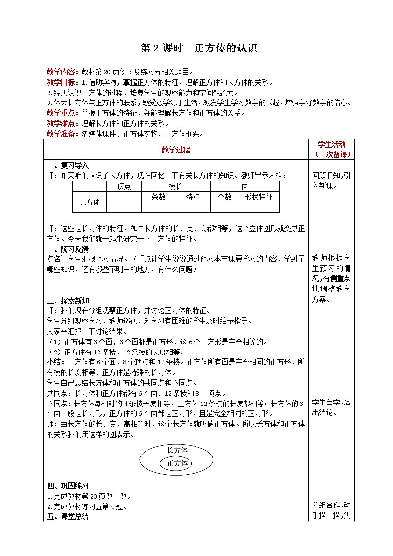 2021人教版数学五年级下册 第3单元 长方体和正方体的认识 第2课时 正方体的认识 精品教案01