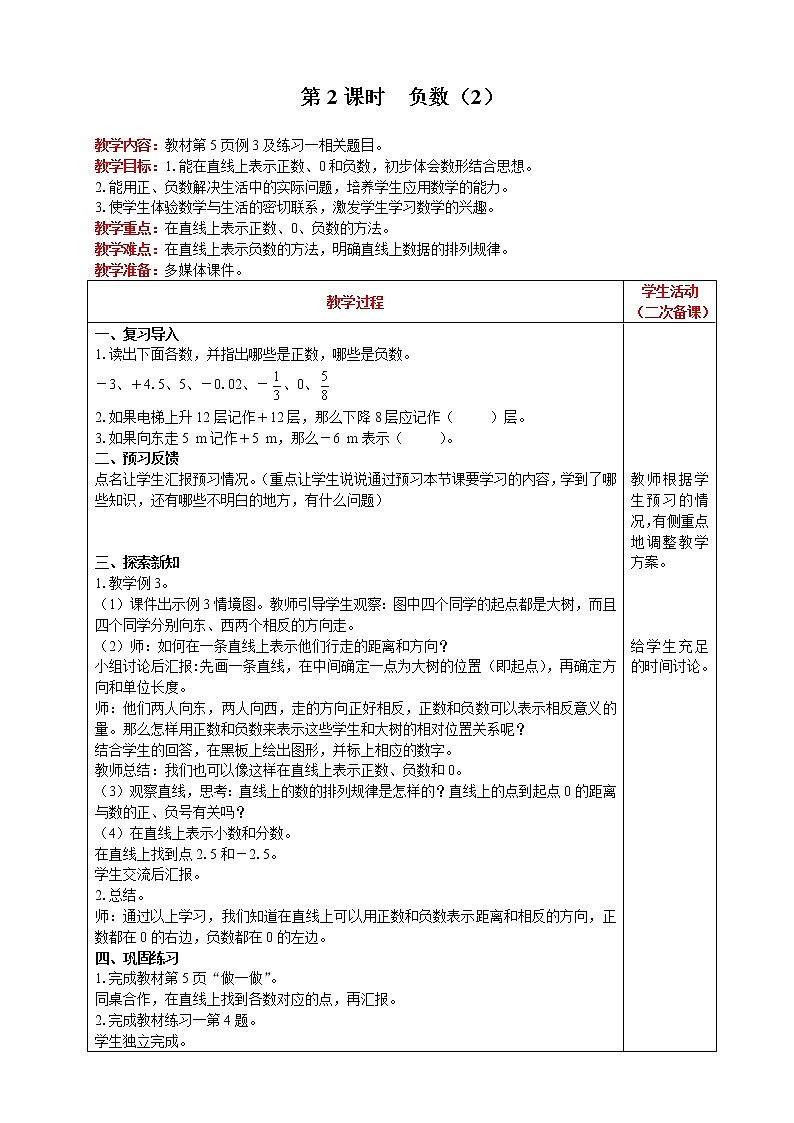 2021人教版数学六年级下册 第1单元 第2课时  负数（2） 精品教案第1页