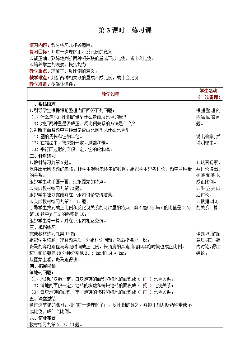 2021人教版数学六年级下册 第4单元 正比例和反比例 第3课时  练习课 精品教案01