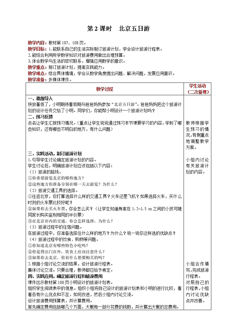2021人教版数学六年级下册 第6单元 综合与实践 第2课时  北京五日游 精品教案01