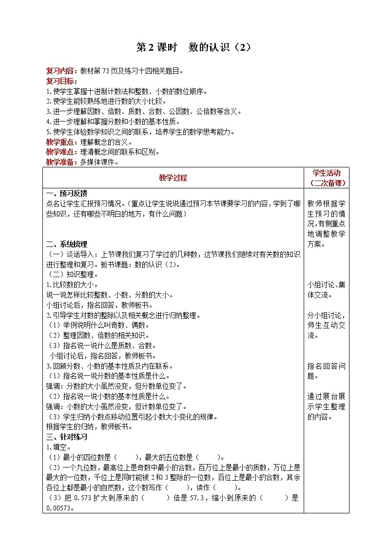 2021人教版数学六年级下册 第6单元 数与代数 第2课时  数的认识（2） 精品教案01