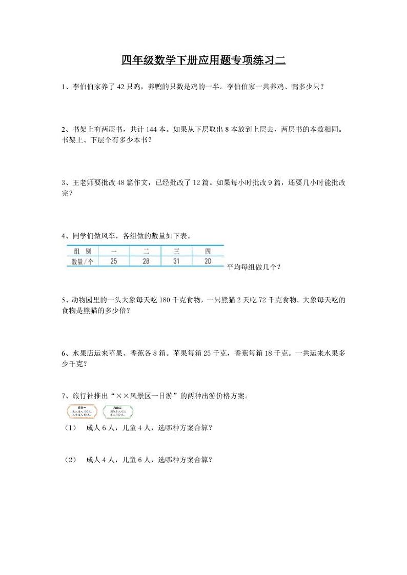 人教版四年级数学下册期末复习应用题专项练习题第2页
