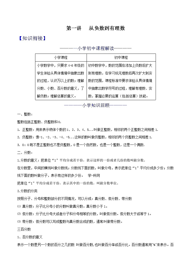 第01讲 从负数到有理数 知识点及练习题 - 小升初数学衔接教材01