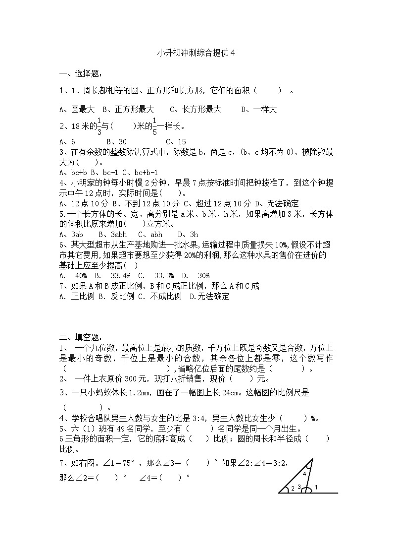 2020-2021学年六年级下册数学  小升初综合提优练习4  苏教版  无答案01