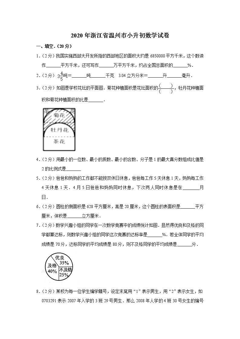 2020年浙江省温州市小升初数学试卷 人教版含解析01