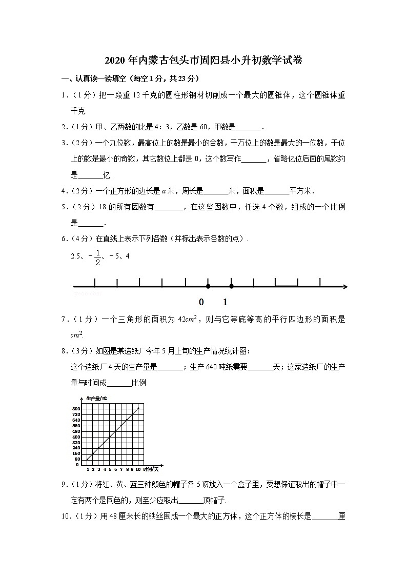 六年级下册数学试卷  2020年内蒙古包头市固阳县小升初数学试卷 人教版（含答案）01