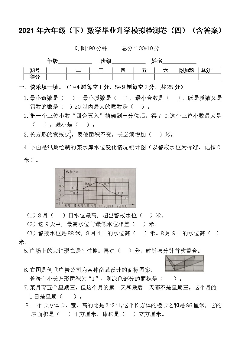 六年级下册数学试题-毕业升学模拟检测卷（四）人教版 含答案第1页