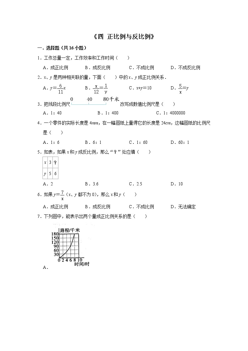六年级下学期数学单元试题--《四 正比例与反比例》 (1) 北师大版 含答案第1页