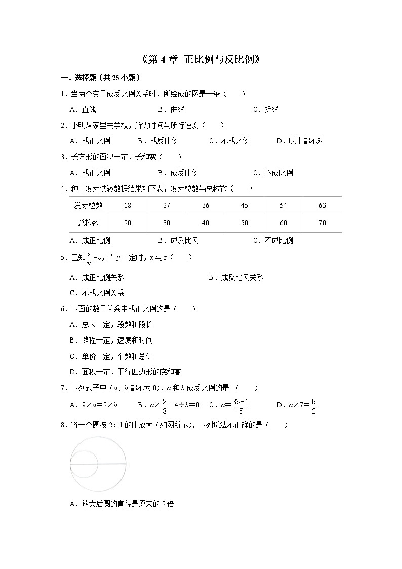 六年级下学期数学单元试题--《第4章 正比例与反比例》 (27) 北师大版 含答案第1页