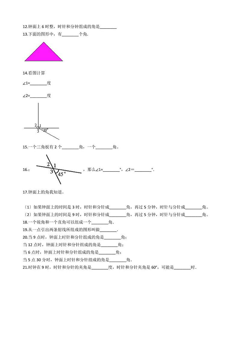 六年级下册数学总复习试题-角的概念、分类及画法专项练    （含答案）02