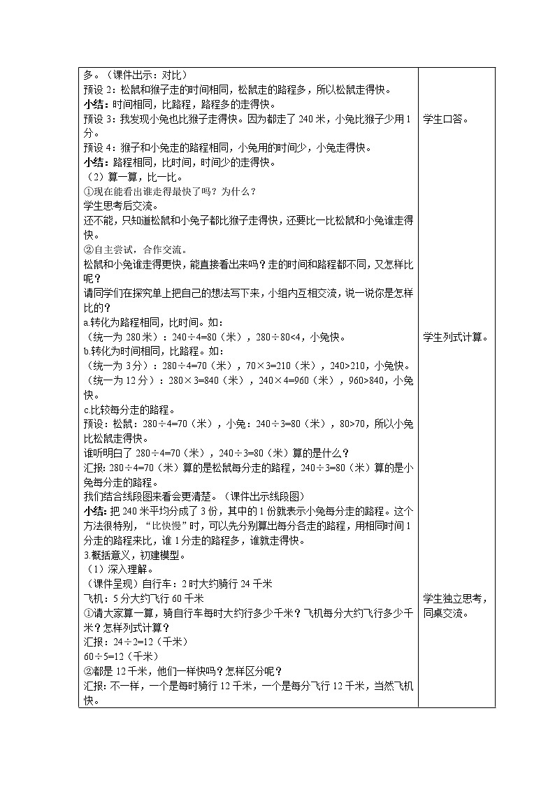 北师大版四年级上册数学 第6单元 除法 第9课时   路程、时间与速度（1） 精品教案02