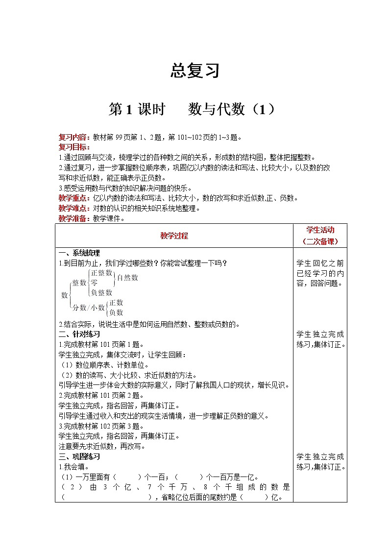 北师大版四年级上册数学 总复习  第1课时   数与代数（1） 精品教案01