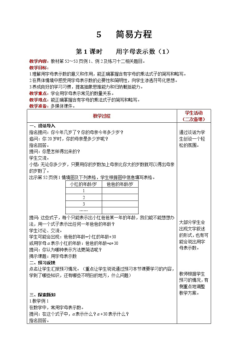 人教版数学五年级上册 第5单元 简易方程 第1课时  用字母表示数（1） 精品教案01
