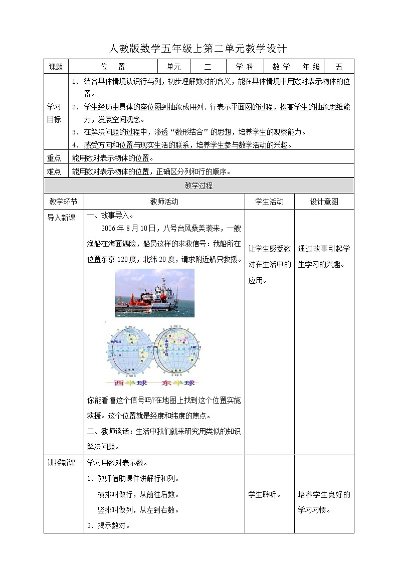 人教版五上第二单元《 位置》（课件ppt+教案+导学单）01