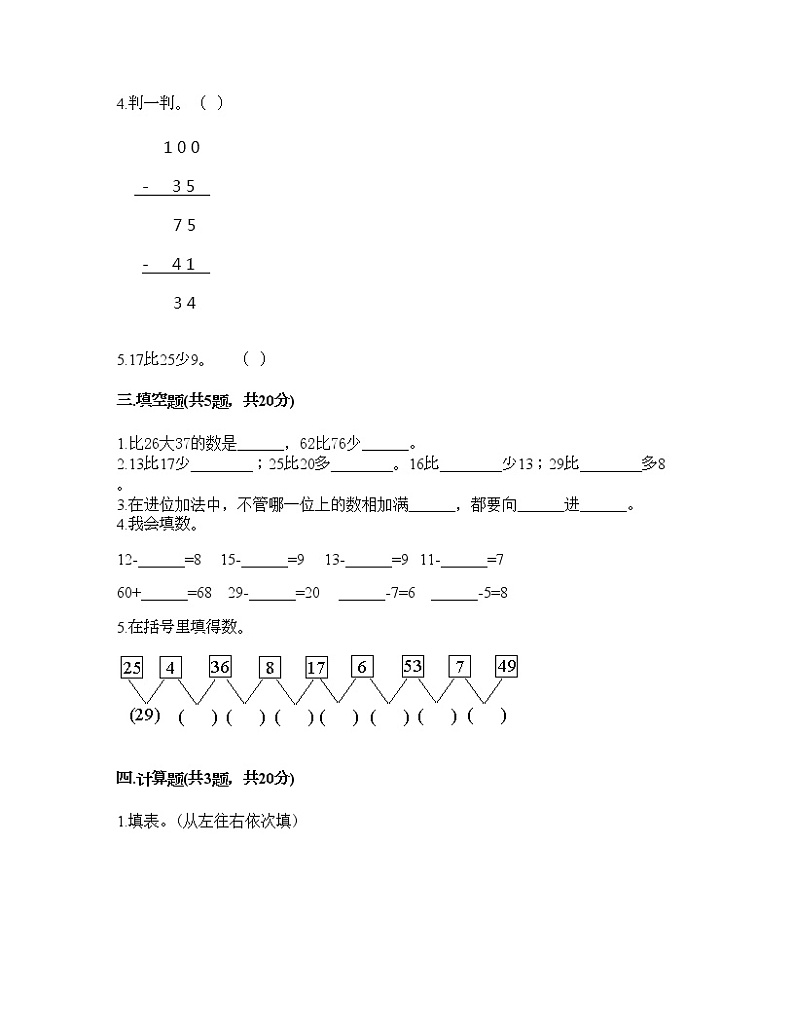 一年级下册数学试题-第六单元 100以内的加法和减法（二） 测试卷-苏教版（含答案） (1)02