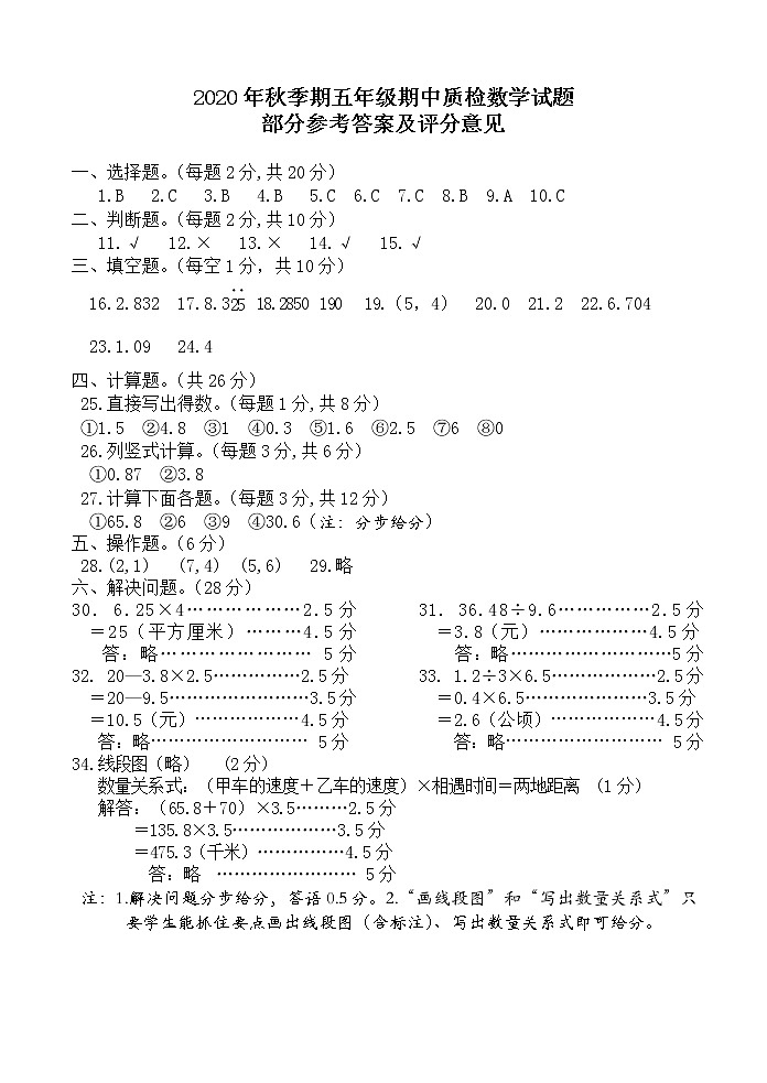 2020年秋玉林博白县小学数学五年级(上册)期中调研检测题及答案答案01