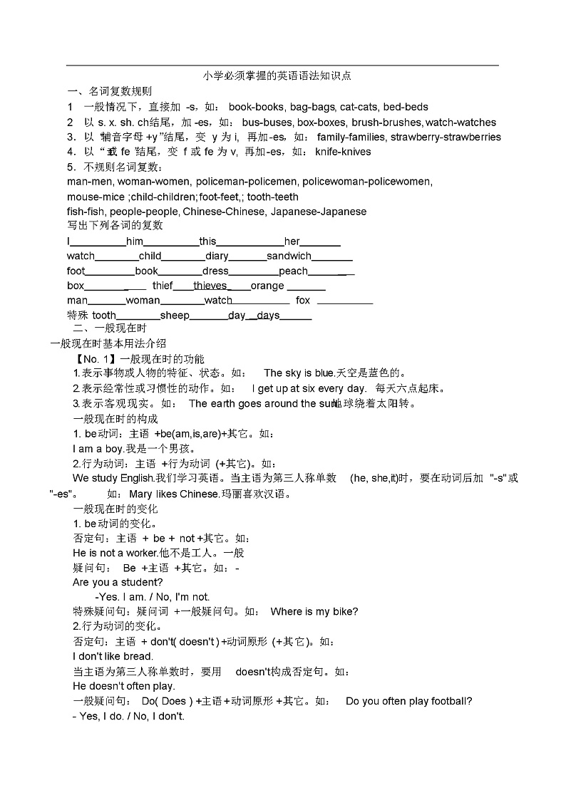 人教版小学英语语法知识点汇总01