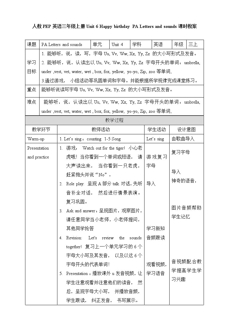Unit 6 Happy birthday PA Letters and sounds 教案第1页