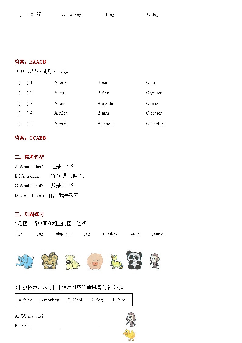 暑假课程PEP三年级教案第8讲 unit 4 We love animals同步单词，短语 教案02