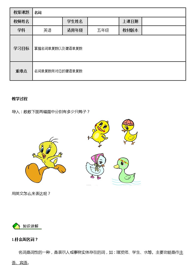 PEP暑假课程五年级语法 名词    学案01
