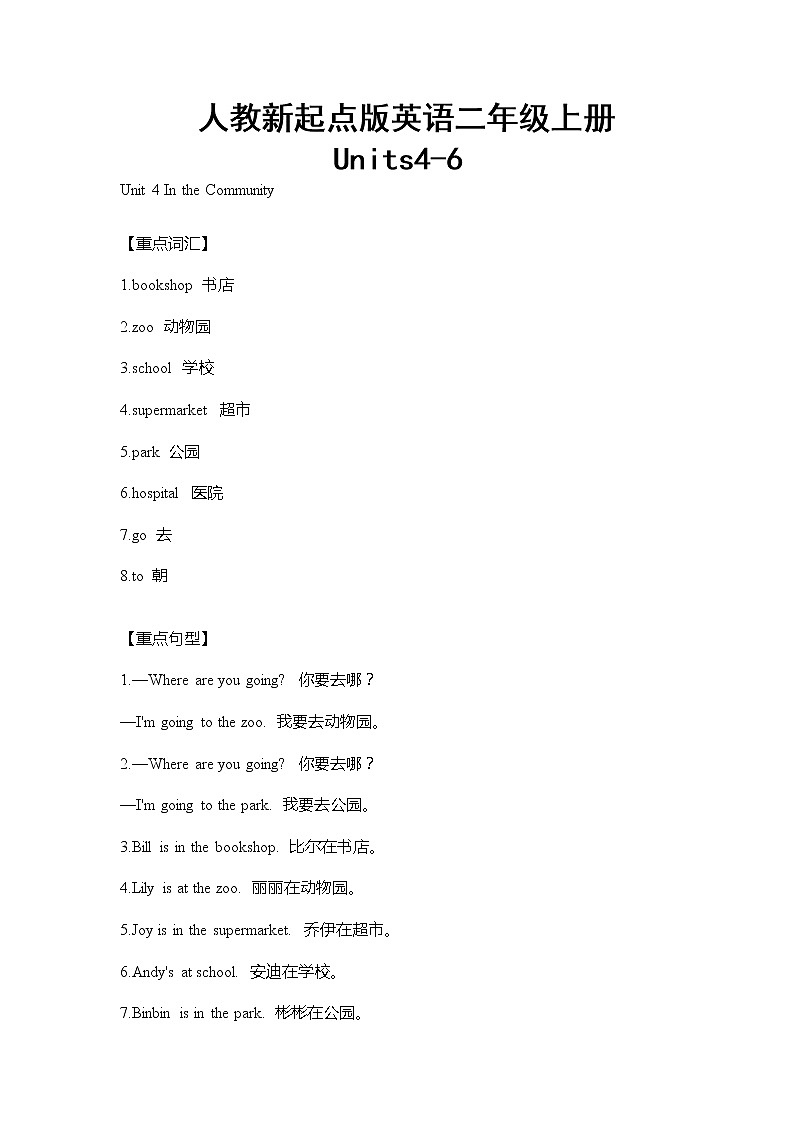 人教新起点版英语二年级上册Units4-6单元重难点知识归纳总结学案第1页