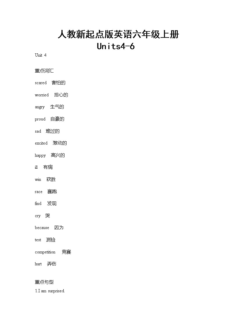 人教新起点版英语六年级上册Units4-6单元重难点知识归纳总结学案01
